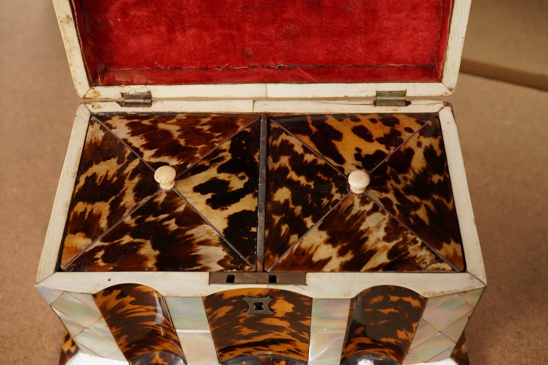 A mid 19th century decorative tortoiseshell and mother of pearl tea caddy, 20cm wide x 12.5cm high CITES Submission reference CXXC25Q1